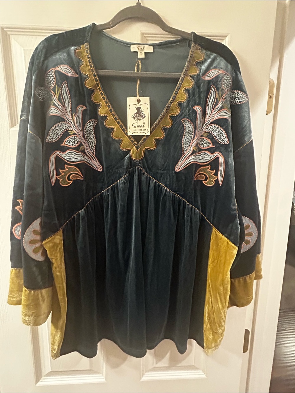 easel Teal Velvet Tunic with Gold Trim and Embroidered Floral Panels